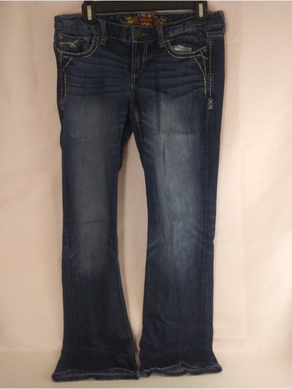 Maurices Women's Distressed Whiskered Embroidered Bootcut Jeans Size 9/10 Long